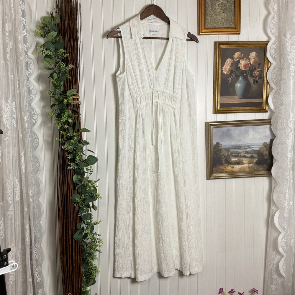 Calvin Klein Sleeveless Maxi Dress Womens 12 White Excellent Textured V-Neck